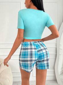 RueChic Plaid And Slogan Graphic PJ Set - Màu xanh bạc hà - Xem 2