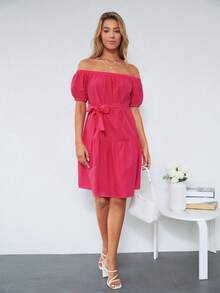 EURMUSE Off Shoulder Ruffle Hem Belted Dress - Màu Hồng Tươi - Xem 3