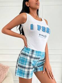 RueChic Plaid And Slogan Graphic PJ Set - Multicolor - View 4
