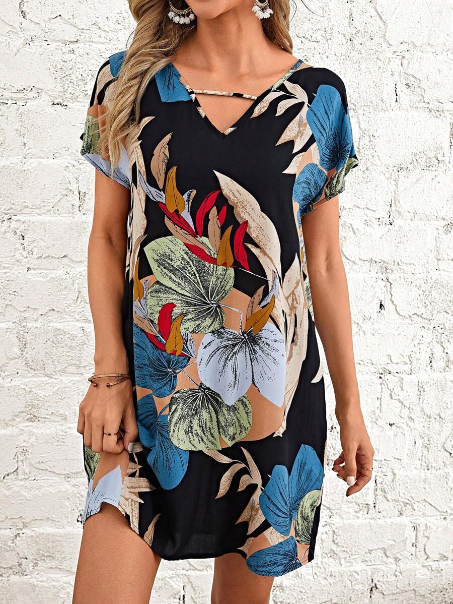 EMERY ROSE Tropical Print Batwing Sleeve Tunic Dress