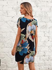 EMERY ROSE Tropical Print Batwing Sleeve Tunic Dress