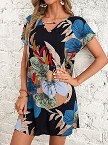 EMERY ROSE Tropical Print Batwing Sleeve Tunic Dress
