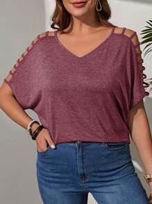 EMERY ROSE Áo thun Plus size Cắt ra màu trơn Giải trí - Màu Đỏ Sâu - Xem 3