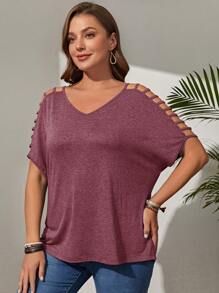 EMERY ROSE Áo thun Plus size Cắt ra màu trơn Giải trí - Màu Đỏ Sâu - Xem 4