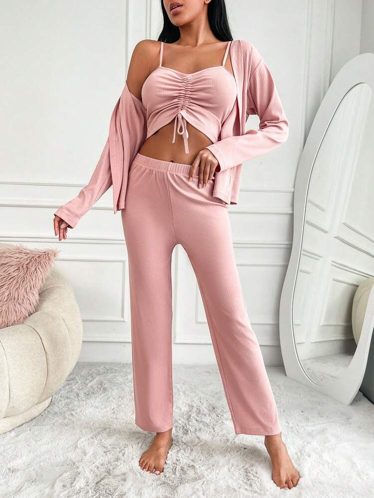 RueChic 3pcs Rib-knit Drawstring Front PJ Set - Baby Pink - View 1