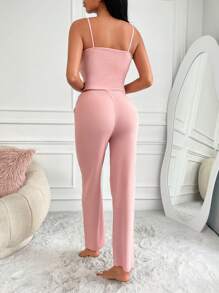 RueChic 3pcs Rib-knit Drawstring Front PJ Set - Baby Pink - View 2