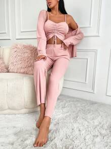RueChic 3pcs Rib-knit Drawstring Front PJ Set - Baby Pink - View 3