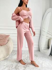 RueChic 3pcs Rib-knit Drawstring Front PJ Set - Baby Pink - View 4