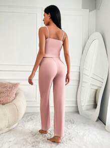 RueChic 3pcs Rib-knit Drawstring Front PJ Set - Baby Pink - View 5