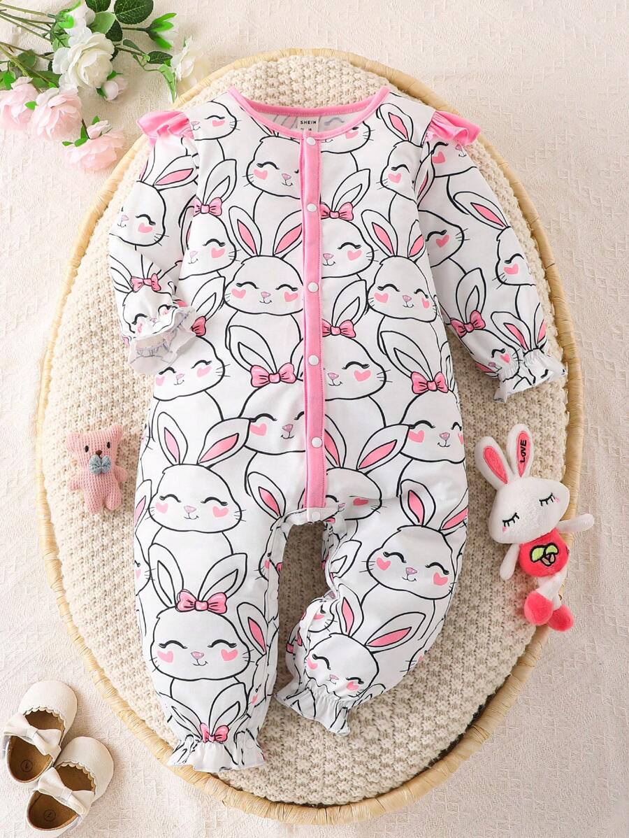 嬰兒兔子印花撞色滾邊荷葉邊連身褲 - 白色 - 查看 1