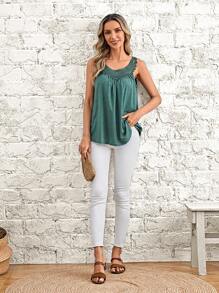 EMERY ROSE 拼接水溶蕾絲背心上衣 - 綠色 - 查看 5