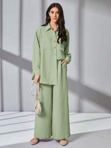 Mulvari Bộ đồ hai mảnh nữ Túi Nút phía trước màu trơn Giải trí - Màu xanh Bạc hà - Xem 3