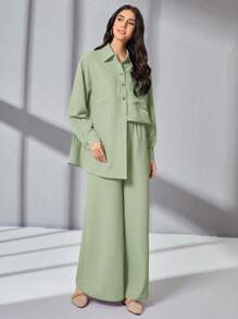 Mulvari Bộ đồ hai mảnh nữ Túi Nút phía trước màu trơn Giải trí - Màu xanh Bạc hà - Xem 5