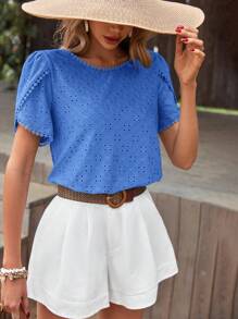 SHEIN Frenchy 花瓣袖網眼刺繡T恤 - 藍色 - 查看 2