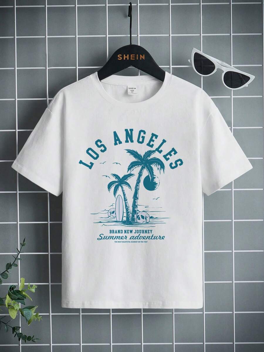 Boys Slogan & Palm Tree Print Tee - White - View 1