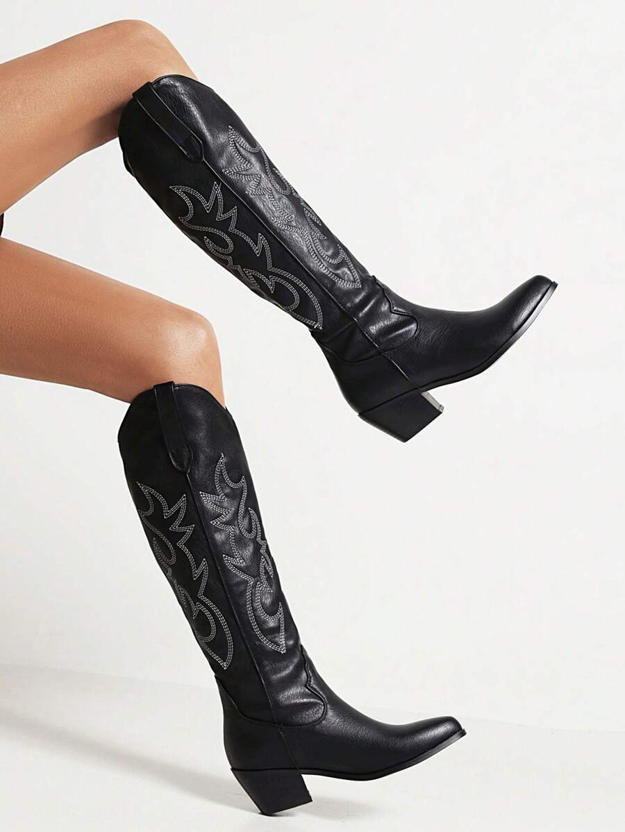 Women Black Embroidered Knee Boots, Fashionable Mid Heel Boots - Black - View 1