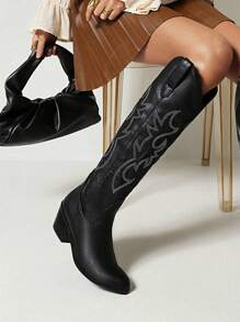 Women Black Embroidered Knee Boots, Fashionable Mid Heel Boots - Black - View 4