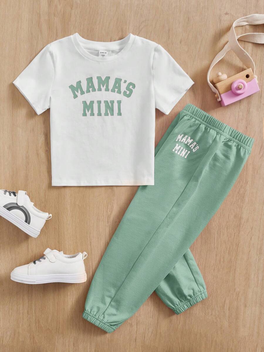 SHEIN 針織休閒印花2入組幼兒女孩字母印花T卹和運動褲套裝 - 薄荷綠 - 查看 1