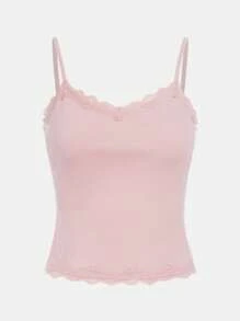 SHEIN Girlism Áo ba lỗ ren trơn đơn sắc dễ thương cho bé gái tuổi teen - Màu Hồng baby - Xem 1