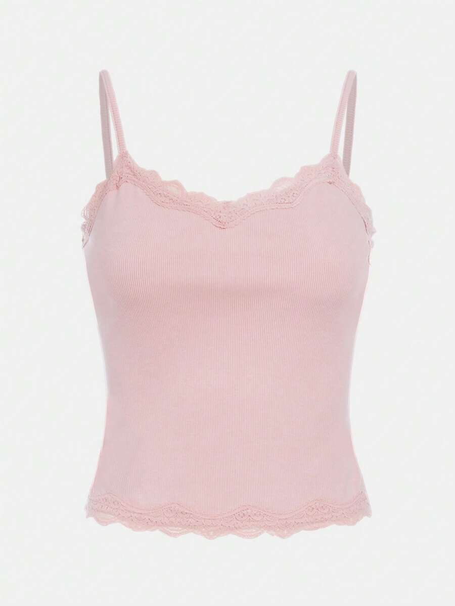 SHEIN Girlism Áo ba lỗ ren trơn đơn sắc dễ thương cho bé gái tuổi teen - Màu Hồng baby - Xem 1