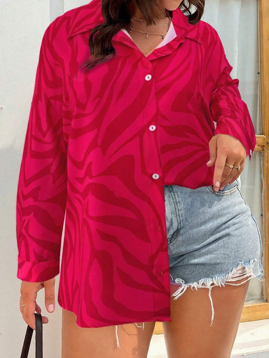 SHEIN LUNE 大碼滿版印花前紐扣襯衫 - 玫紅色 - 查看 1