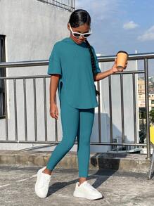 SHEIN Leap Crew Bộ hai mảnh Gái Chia Gân đan màu trơn Giải trí - Màu xanh Cadet - Xem 1