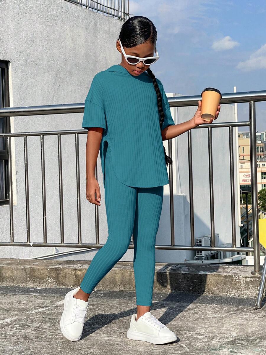 SHEIN Leap Crew Bộ hai mảnh Gái Chia Gân đan màu trơn Giải trí - Màu xanh Cadet - Xem 1