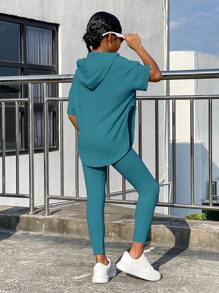 SHEIN Leap Crew Bộ hai mảnh Gái Chia Gân đan màu trơn Giải trí - Màu xanh Cadet - Xem 2