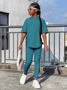 SHEIN Leap Crew Bộ hai mảnh Gái Chia Gân đan màu trơn Giải trí - Màu xanh Cadet - Xem 3