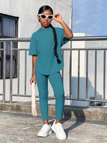 SHEIN Leap Crew Bộ hai mảnh Gái Chia Gân đan màu trơn Giải trí - Màu xanh Cadet - Xem 4