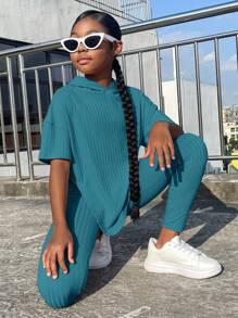 SHEIN Leap Crew Bộ hai mảnh Gái Chia Gân đan màu trơn Giải trí - Màu xanh Cadet - Xem 6