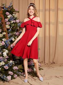 SHEIN Đầm Gái Dây kéo Xù màu trơn Dễ thương - Đỏ - Xem 3