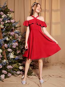 SHEIN Đầm Gái Dây kéo Xù màu trơn Dễ thương - Đỏ - Xem 6