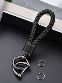 1pc PU Leather Keychain Lanyard, Handmade Fashion Accessory, Creative Braided Cord Car Key Chain - Black - View 2