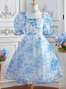 SHEIN Đầm Gái Hoa Tất cả trên in Dễ thương - Xanh và trắng - Xem 1