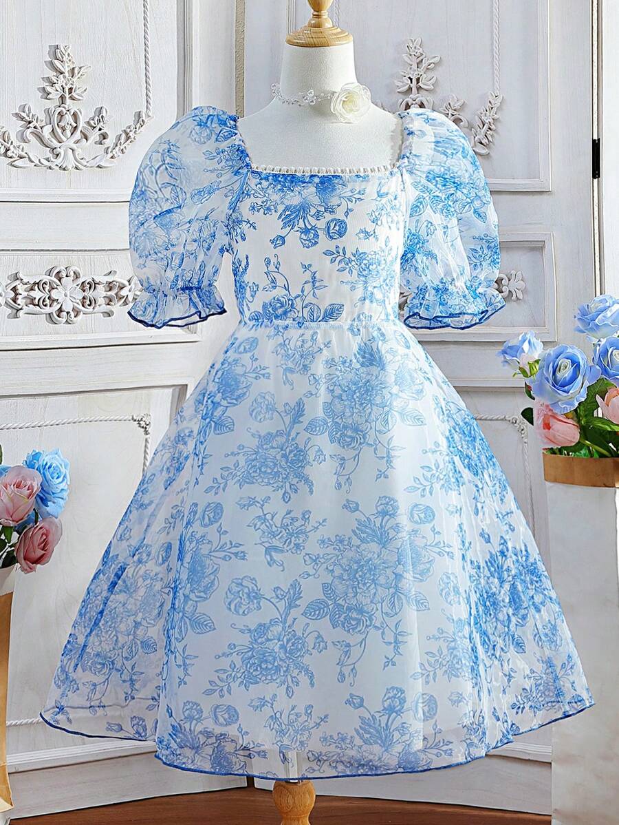 SHEIN Đầm Gái Hoa Tất cả trên in Dễ thương - Xanh và trắng - Xem 1