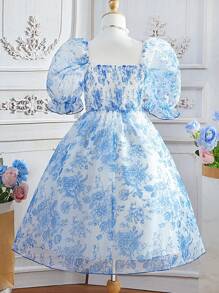 SHEIN Đầm Gái Hoa Tất cả trên in Dễ thương - Xanh và trắng - Xem 2