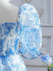 SHEIN Đầm Gái Hoa Tất cả trên in Dễ thương - Xanh và trắng - Xem 3