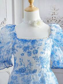 SHEIN Đầm Gái Hoa Tất cả trên in Dễ thương - Xanh và trắng - Xem 5