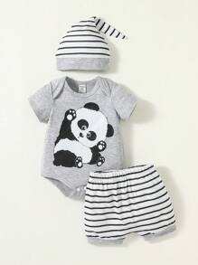 SHEIN 男嬰熊貓印花連體衣和條紋圖案短褲和帽套裝