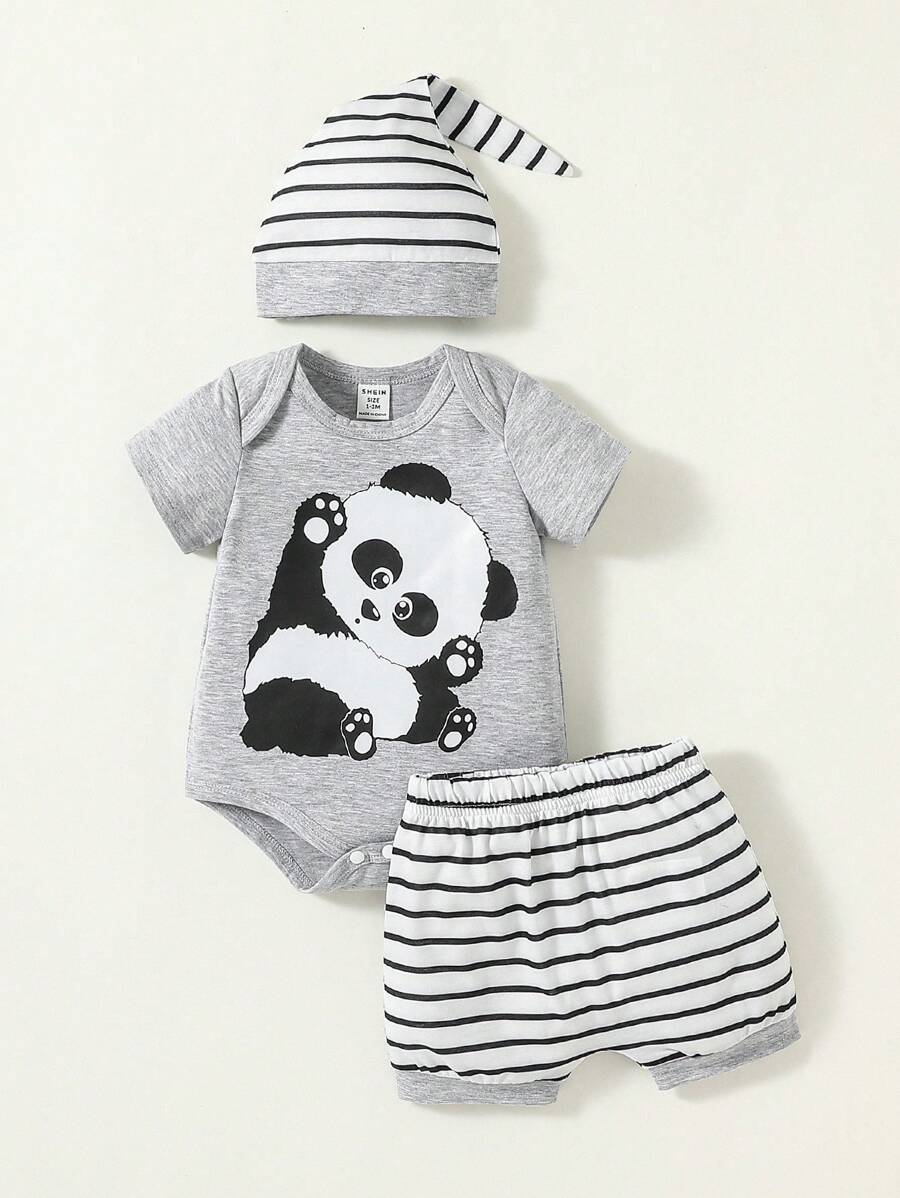 SHEIN 男嬰熊貓印花連體衣和條紋圖案短褲和帽套裝