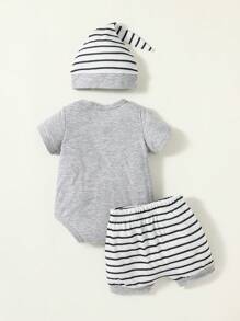 SHEIN 男嬰熊貓印花連體衣和條紋圖案短褲和帽套裝