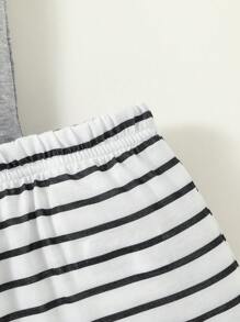 SHEIN 男嬰熊貓印花連體衣和條紋圖案短褲和帽套裝