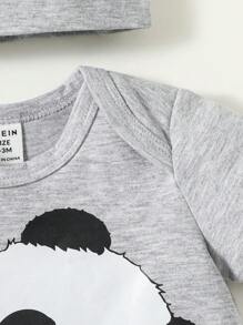 SHEIN 男嬰熊貓印花連體衣和條紋圖案短褲和帽套裝