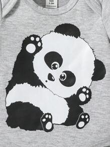 SHEIN 男嬰熊貓印花連體衣和條紋圖案短褲和帽套裝