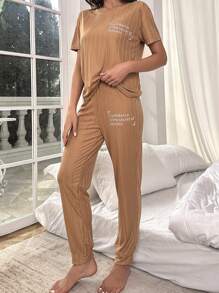 Slogan Graphic Tee & Trousers Lounge Set - Brown - View 1
