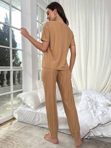 Slogan Graphic Tee & Trousers Lounge Set - Brown - View 2