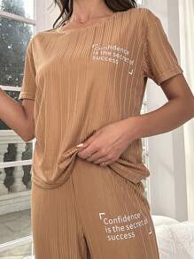 Slogan Graphic Tee & Trousers Lounge Set - Brown - View 3
