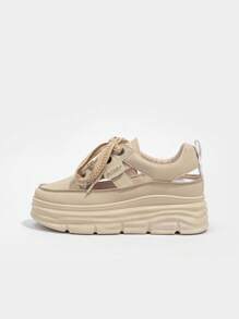 Giày thể thao nữ có dây buộc phía trước màu be, Giày thể thao đế dày cắt thấp đơn giản thoáng khí cho thể thao ngoài trời - màu nâu - Xem 2