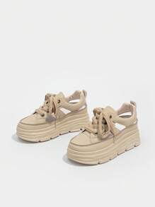 Giày thể thao nữ có dây buộc phía trước màu be, Giày thể thao đế dày cắt thấp đơn giản thoáng khí cho thể thao ngoài trời - màu nâu - Xem 3